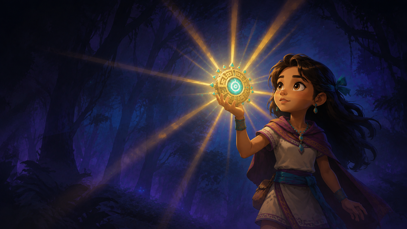 Personaje de Meztli sosteniendo un objeto luminoso en un bosque nocturno